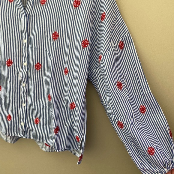 Zara Woman Blue Striped Button Down Embroidered Balloon Sleeve Blouse Size XS - Picture 5 of 7